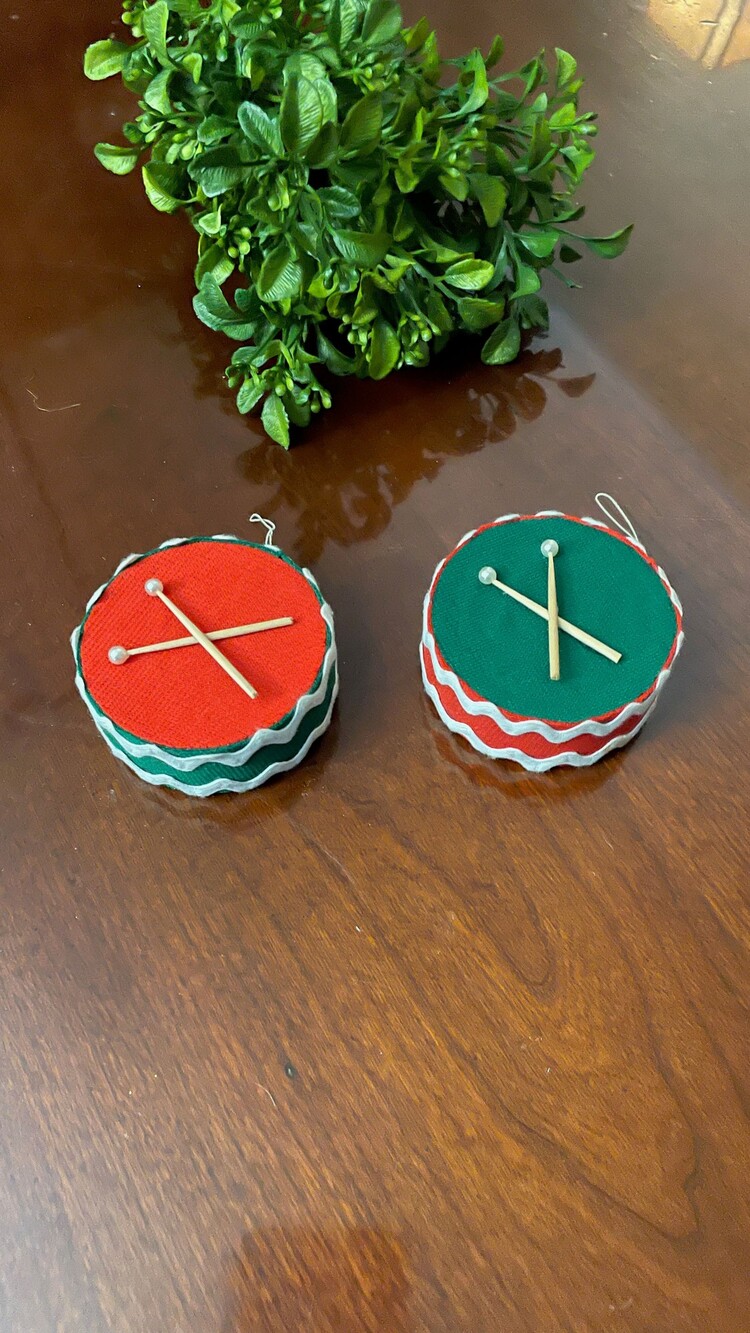 Christmas Drum Ornament Set of 2 Red Green Fabric Holiday Decor